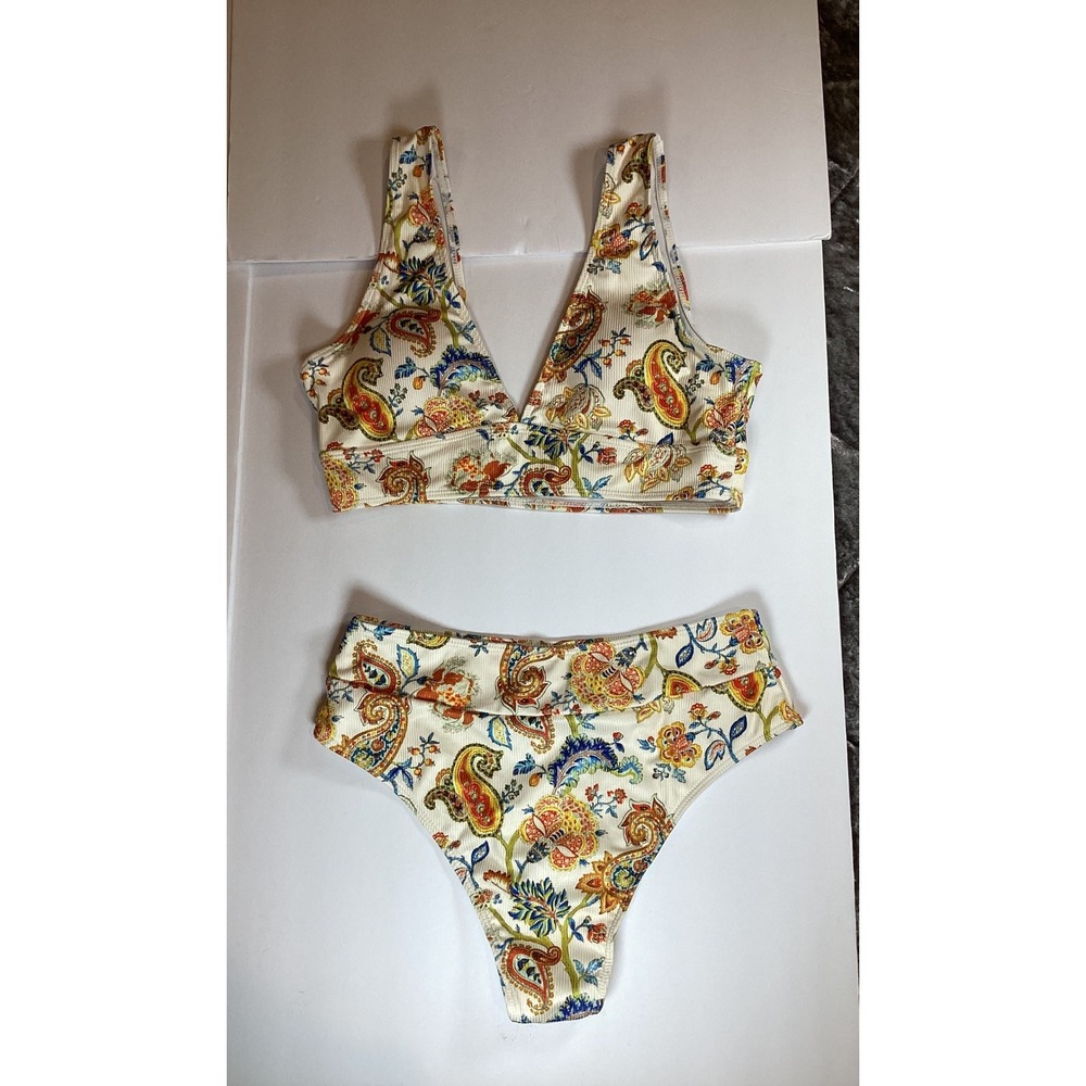 Paisley Ribbed High Waisted Bikini Set Women's Size Medium Cream Multicolor EUC